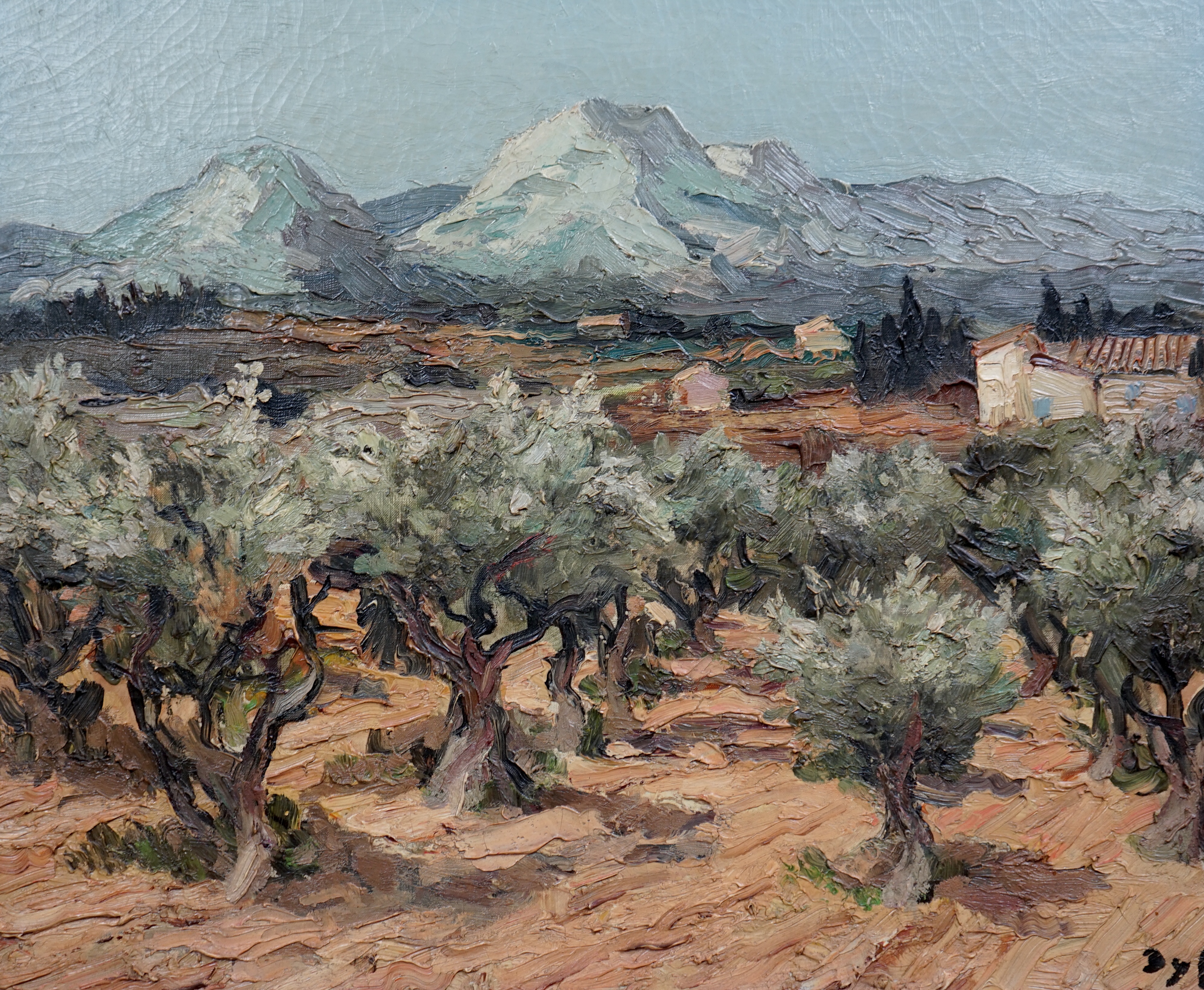 Marcel Dyf (French, 1899-1985), Olive grove with mountains beyond, oil on canvas, 45 x 54cm